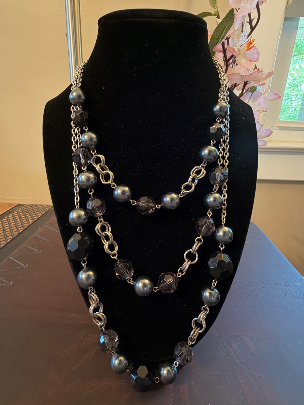 🐼 Multi-Strand Black Pearl & Faceted Bead Necklace #0199